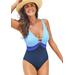 Plus Size Women's Colorblock V-Neck One Piece Swimsuit by Swimsuits For All in Deep Sea (Size 16)