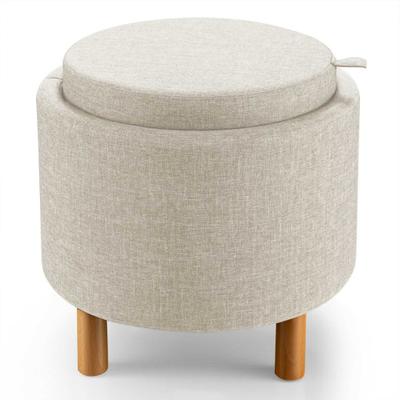 Costway Round Fabric Storage Ottoman with Tray and Non-Slip Pads for Bedroom-Beige