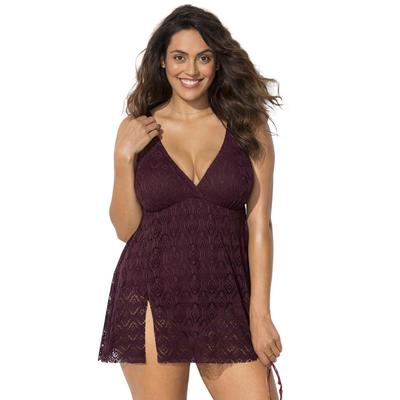 Plus Size Women's Crochet Side Slit V-Neck Swimdress by Swimsuits For All in Plum (Size 20)