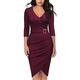 3D ping Women's 3/4 Sleeve V-Neck Pleated Office Pencil Dress Evening Dress Cocktail Party Bodycon Sheath Dress (Small,Red Wine,S)
