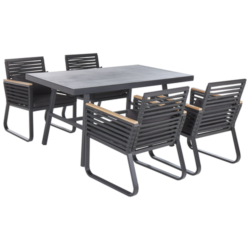 Gartenmöbel Set Schwarz Aluminium Tisch 150x90 rechteckig in Steinoptik 4 Stühle mit Armlehnen Auflagen Terrasse Outdoor Möbel