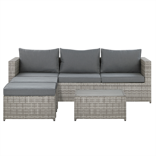 Lounge Set Polyrattan Hellgrau 5-Sitzer Rechtsseitig mit 2 Ottomanen und Auflagen in Grau Klassisch Gartenausstattung Terrasse