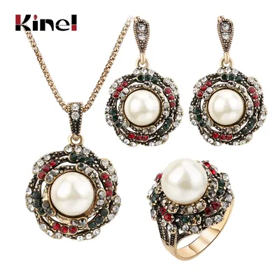 Kinel-Ensembles de bijoux en perles vintage pour femmes cristal d'or antique collier de mariage