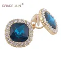 GRACE JUN-Boucles d'oreilles à clip en cristal biscuits rouge et bleu pour femme boucles d'oreilles