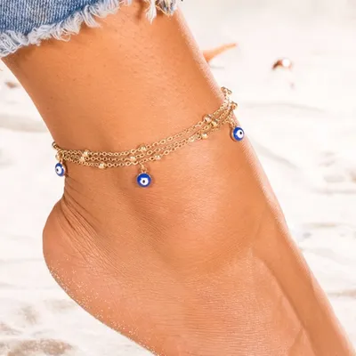 Bracelet de cheville en perles multicouches pour femmes chaîne de jambe bleu mauvais œil pendentif