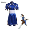 Costumes de Cosplay Chun Li pour Femmes et Bol Robe Cheongsam Bleue Ceinture Équipement de Sauna