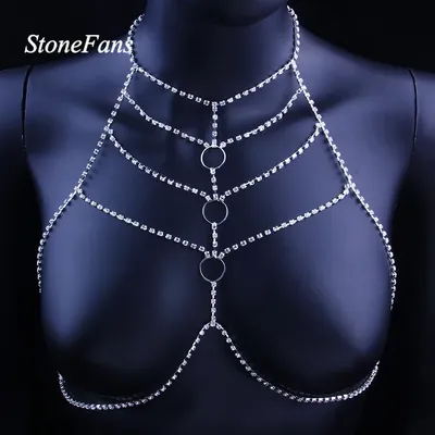 StoneFans – soutien-gorge en chaîne Sexy pour femmes bijoux ouvert rond Top chaînes en strass
