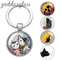 Porte-clés de voiture avec cabochon rond en verre peinture colorée chats amour chat animal de