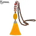 Yumfeel – collier en bois fait à la main pour femmes perles en pierre naturelle pompon jaune