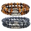 Bracelets en pierre de lave noire oeil de tigre Bracelet à breloques naturel perlé hibou classique