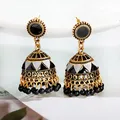 Boucles d'Oreilles Ethniques Noires Géométriques en Or Bijoux Indiens avec Cloche Turque Vintage