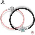 BISAER – Bracelets en argent Sterling 925 véritable pour femmes bijoux en cuir rose clair CZ rond à