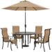 Hanover Brigantine 5-Piece Outdoor Dining Set with 4 Contoured-Sling Chairs, Round Cast-Top Table, 9-Ft. Umbrella, and Base