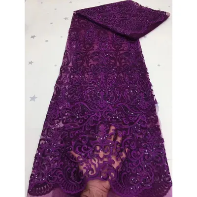Tissu de dentelle de maille africaine violette avec paillettes tulle français lait nigwin tug de