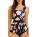 Peddney Strappy Tankini Swimsuits for Women Tummy Control Peplum Two Piece Bathing Suits with High Waisted Bikini Bottom, Pink-black, Small