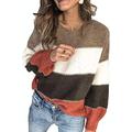 Reukree Women Striped Jumper Long Sleeve Jumper Crew Neck Sweater Colour Block Sweaters Patchwork Pullover Knit Sweater Tops Brown Small