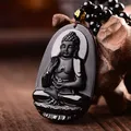 Amitabha-Collier pendentif bouddha sculpté en obsidienne noire amulette porte-bonheur colliers de
