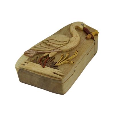 Fresh Catch Standing Crane Hand Crafted Wooden Trinket/Puzzle Box - 2.5 X 7 X 4 inches