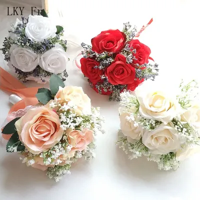 LKY Fr – Bouquet de demoiselle d'honneur, Bouquet de fleurs artificielles en soie blanche,