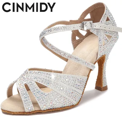 CINMIDY – chaussures de danse latine en strass pour femmes sandales à talons hauts et semelle