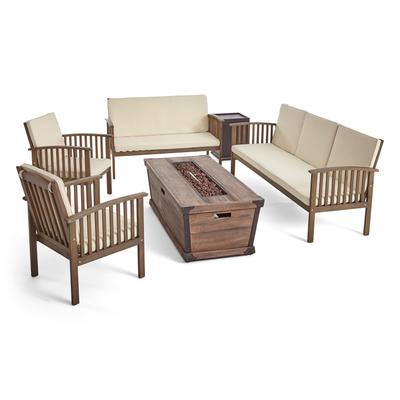 Carolina Outdoor 4 Piece Acacia Wood Conversational Set with Fire Pit by Christopher Knight Home