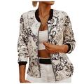 Womens Floral Bomber Jacket Zip up Long Sleeve Party Baseball Biker Coat Outwear