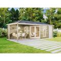 5-Eck Gartenhaus Liwa mit Anbau aus Holz Holzhaus mit Terrasse Blockbohlenhaus, 28 mm Wanstärke,