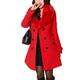 Women Double-Breasted Slim Trench Coat Faux Fur Collar Mid Long Woolen Coat Windbreaker Red