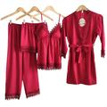 Laura Lily Women's Silky Satin Striped Lace Pajamas Set of 4 - Red - L