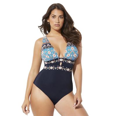 Plus Size Women's Plunge One Piece Swimsuit by Swimsuits For All in Engineered Navy (Size 14)