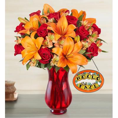 Elegant Autumn Rose & Lily Bouquet with Red Vase & Suncatcher by 1-800 Flowers