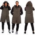 Trendy Diva | Ladies Quilted Gilet Puffer Jacket Hooded Winter Coat Long Longline For Women Funnel Neck Zip Button Up Oversized (Khaki, XL)