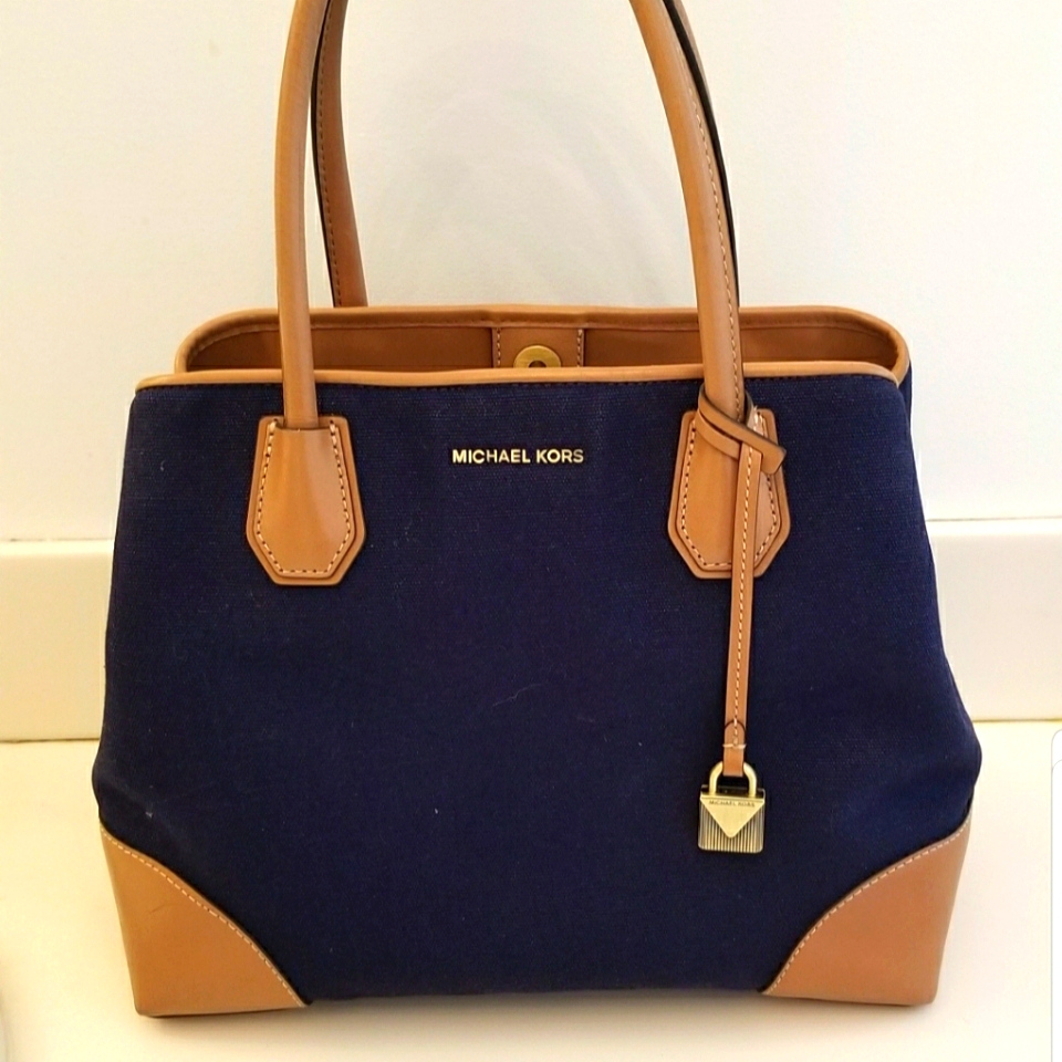Michael Kors Bags | Authentic Michael Kors Handbag In Navy Blue | Color: Blue/Tan | Size: Medium