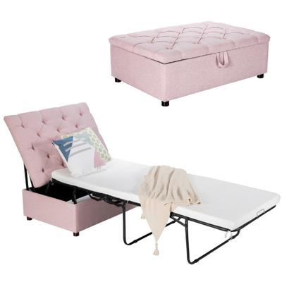 Costway Folding Ottoman Sleeper Bed with Mattress for Guest Bed and Office Nap-Pink