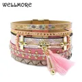 WELLMORE-Bracelets en cuir avec pompon pour femme breloque bohème en cristal bijoux en gros