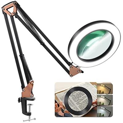 LANCOSC Magnifying Glass with Light and Stand, 5X 5 Inches Real Glass Lens,  3 Color Modes Stepless Dimmable LED Desk Lamp, Adjustable Arm Lighted  Magnifier Light for Reading Repair Crafts - Black Gold