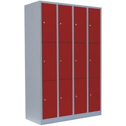 Lüllmann® Schließfachschrank, 4 Abteile, 12 Fächer, 1800 x 1170 x 500 mm, lichtgrau/feuerrot Image