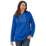 Plus Size Women's Embroidered Thermal Henley Tee by Woman Within in Bright Cobalt Vine Embroidery (Size 4X) Long Underwear Top