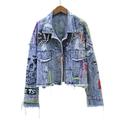 UKKO Denim Jacket Womens Women'S Denim Jacket Coat Spring Jean Jackets Women Coats Female Denim Jacket Graffiti Rivet Jacket Girl Outerwear Blue-Beaded Blue Jacket,S