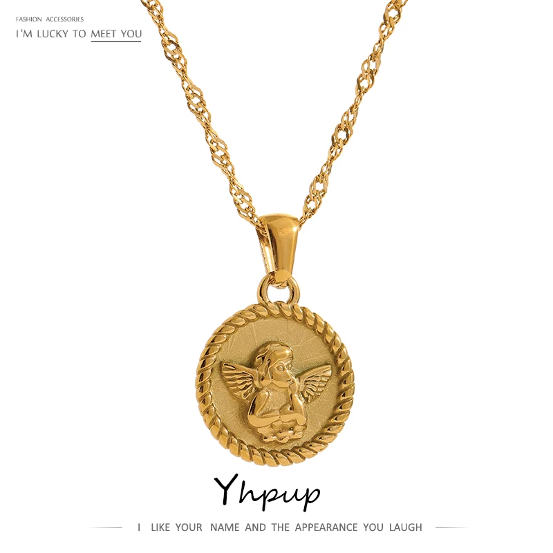 Yhpup – collier avec pendentif ange en acier inoxydable, chaîne, bijoux, breloque rond plaqué or 18 K, accessoires pour femmes, cadeau, nouvelle collection