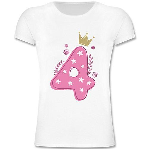 Kindergeburtstag Geburtstag Geschenk - Mädchen Kinder T-Shirt - 4. Geburtstag Mädchen Krone Sterne - T-Shirts weiß Mädchen Kinder