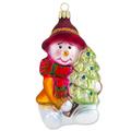 Christbaumschmuck - Schneemann sitzend mit Baum, 10 cm, mundgeblasen