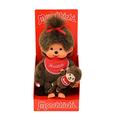 Sekiguchi 242184 - Original Monchhichi Mädchen mit Mini-Monchhichi, Plüschfigur mit rotem Lätzchen und Schleife im Haar, ca. 20 cm großes Kuscheltier aus braunem Plüsch