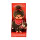 Sekiguchi 242184 - Original Monchhichi Mädchen mit Mini-Monchhichi, Plüschfigur mit rotem Lätzchen und Schleife im Haar, ca. 20 cm großes Kuscheltier aus braunem Plüsch