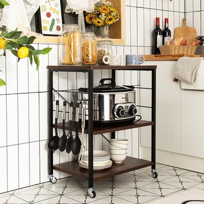 3-Tier Kitchen Baker's Rack Microwave Oven Storage Cart with Hooks - 23.5" x 16" x 29" (L x W x H)