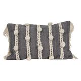 Foreside Home & Garden Gray Striped Hand Woven 14x22" Cotton Decorative Throw Pillow with Hand Tied Fringe and Pom Poms