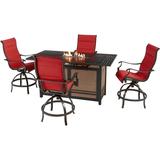 Hanover Traditions 5-Piece High-Dining Set in Red w/4 Padded Counter-Height Swivel Chairs and a 30,000 BTU Fire Pit Dining Table