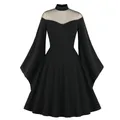 Robe Gothique Noire Rétro pour Femme Costume de Cosplay Manches Évasées Style Médiéval Reine