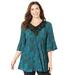 Plus Size Women's Velvet Trim Pleated Blouse by Catherines in Green Lace Print (Size 1XWP)