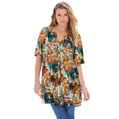 Plus Size Women's Short-Sleeve Angelina Tunic by Roaman's in Orange Painted Flowers (Size 38 W) Long Button Front Shirt